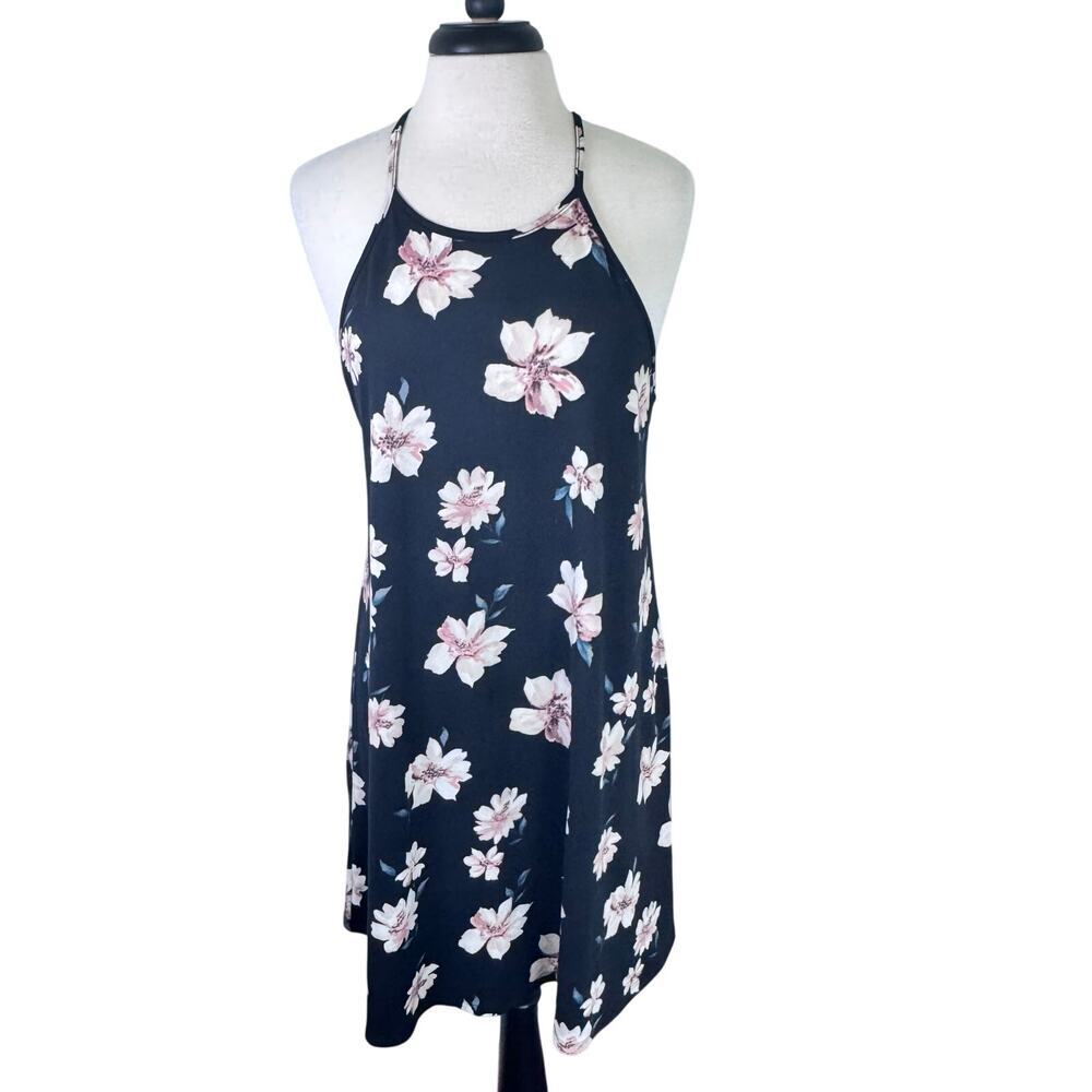 New FRENCH GREY Melcy Knot Black Ivory Sleeveless  Floral‎ Halter Dress Sz L